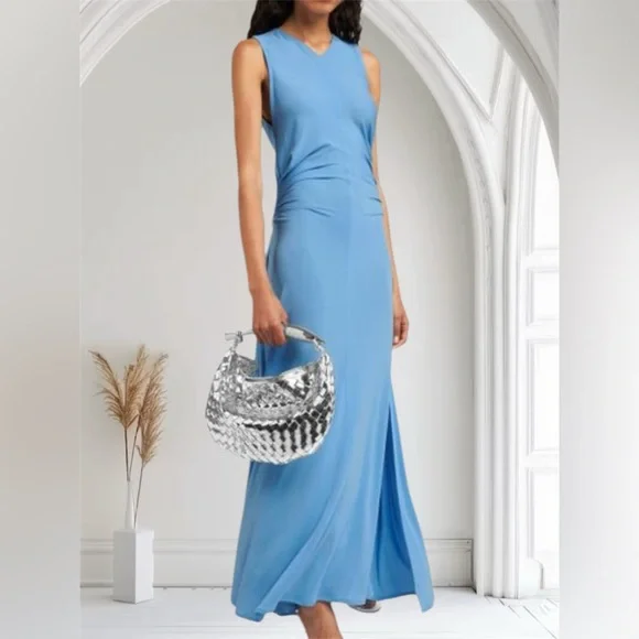 sachin and babi light blue dress Bottega Veneta Open-Back Chain-Embellished Knitted Maxi Dress - Black